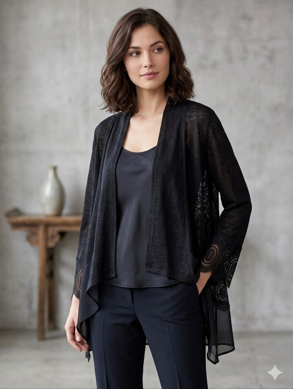 August Silk Black Open Front High-Low Crochet Lace Cardigan M